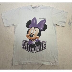 Vintage Minnie Mouse Hollywood T-Shirt Anvil USA White Purple Bow Womens S